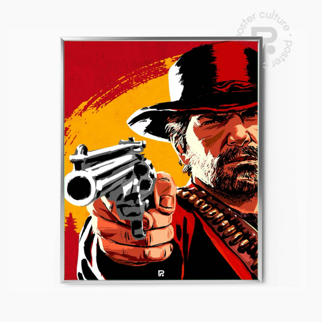 Red Dead Redemption II – Póster western de Arthur Morgan apuntando al amanecer