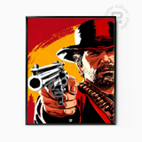 Red Dead Redemption II – Póster western de Arthur Morgan apuntando al amanecer