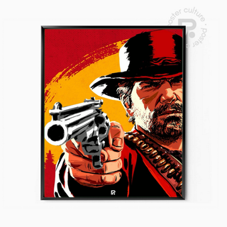Red Dead Redemption II – Póster western de Arthur Morgan apuntando al amanecer