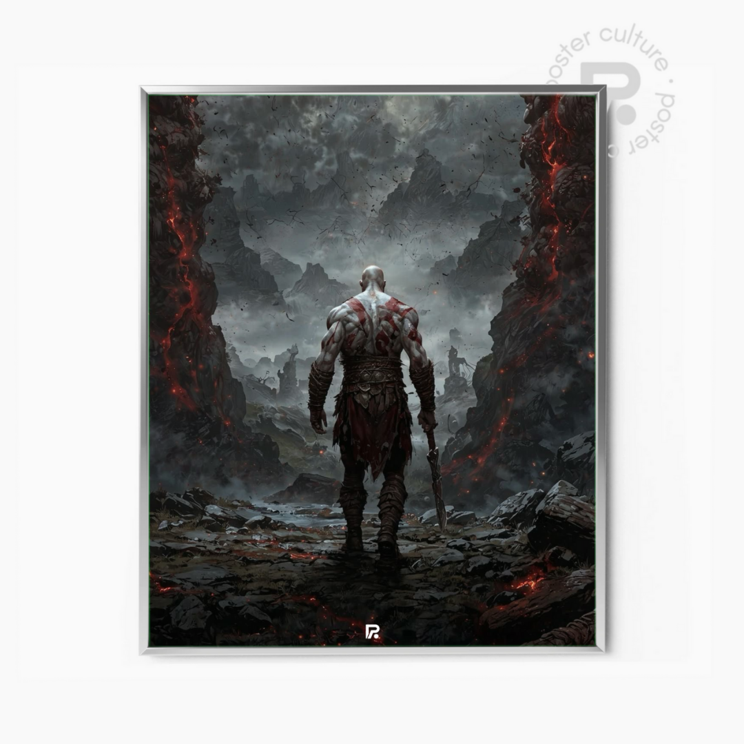 God of War – Póster oscuro de Kratos caminando hacia el Ragnarök
