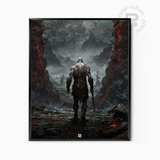 God of War – Póster oscuro de Kratos caminando hacia el Ragnarök