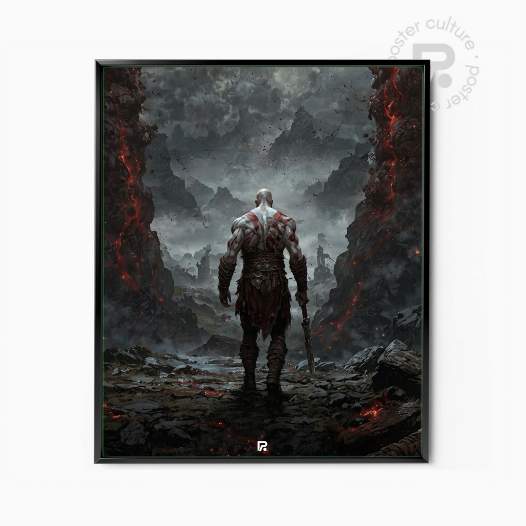 God of War – Póster oscuro de Kratos caminando hacia el Ragnarök