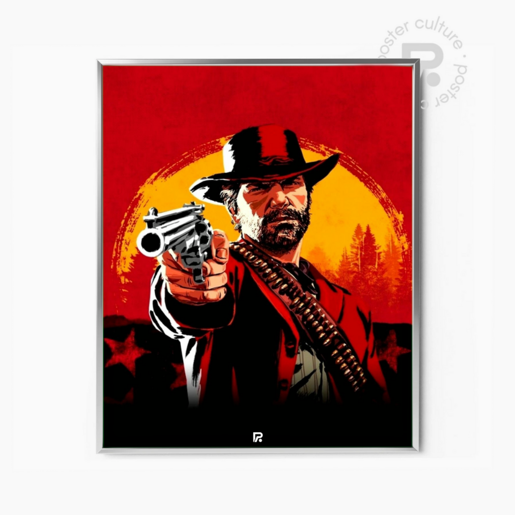 Red Dead Redemption II – Póster minimalista de Arthur Morgan apuntando al atardecer
