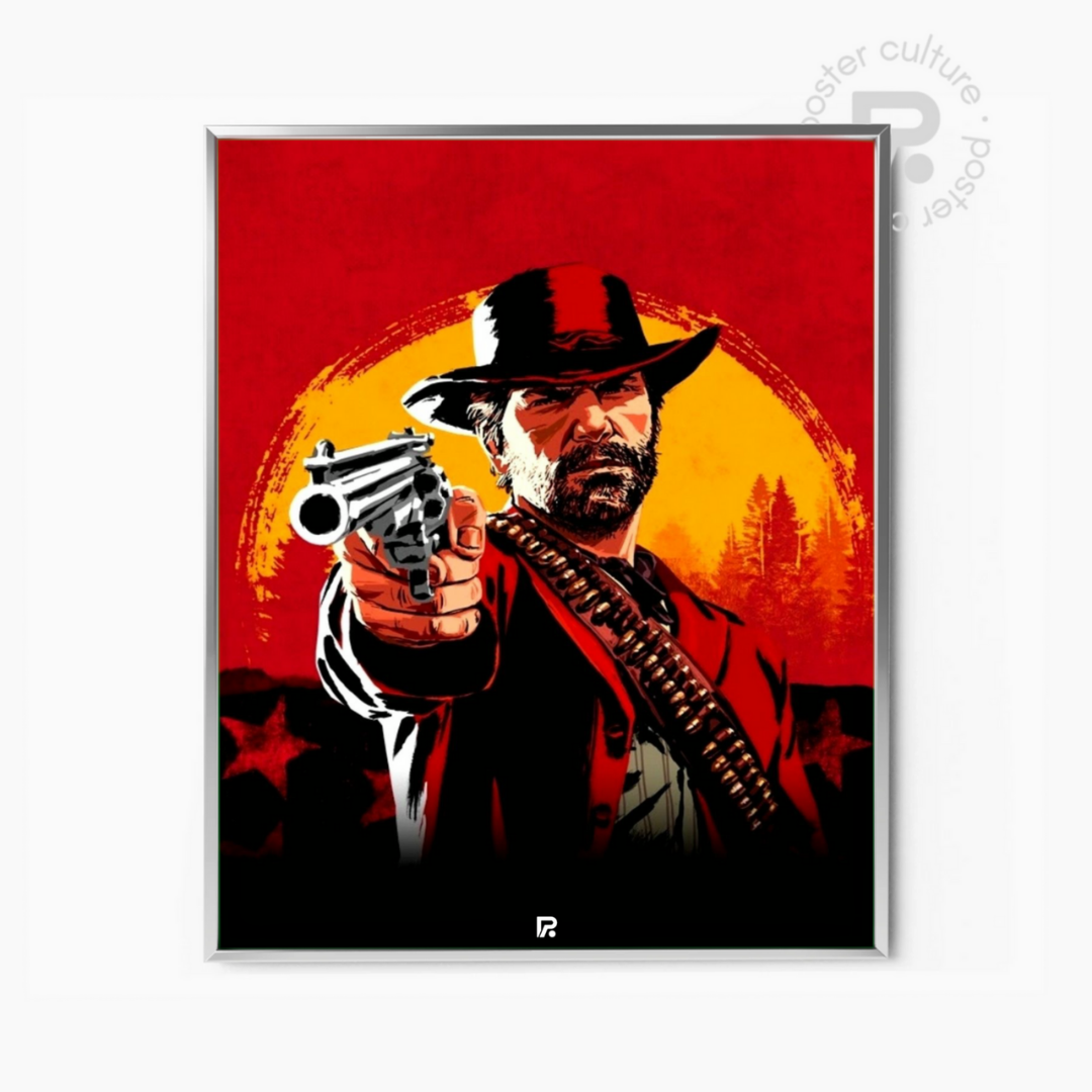 Red Dead Redemption II – Póster minimalista de Arthur Morgan apuntando al atardecer