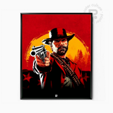 Red Dead Redemption II – Póster minimalista de Arthur Morgan apuntando al atardecer