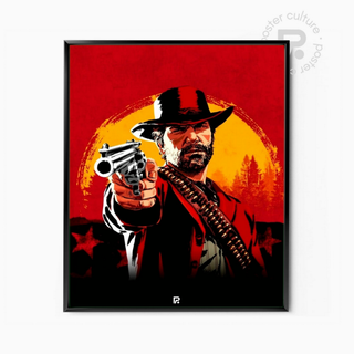 Red Dead Redemption II – Póster minimalista de Arthur Morgan apuntando al atardecer
