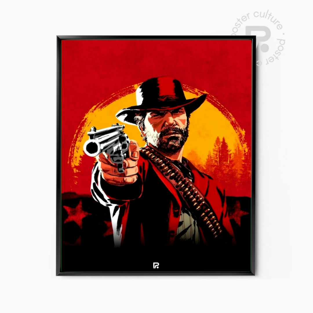Red Dead Redemption II – Póster minimalista de Arthur Morgan apuntando al atardecer